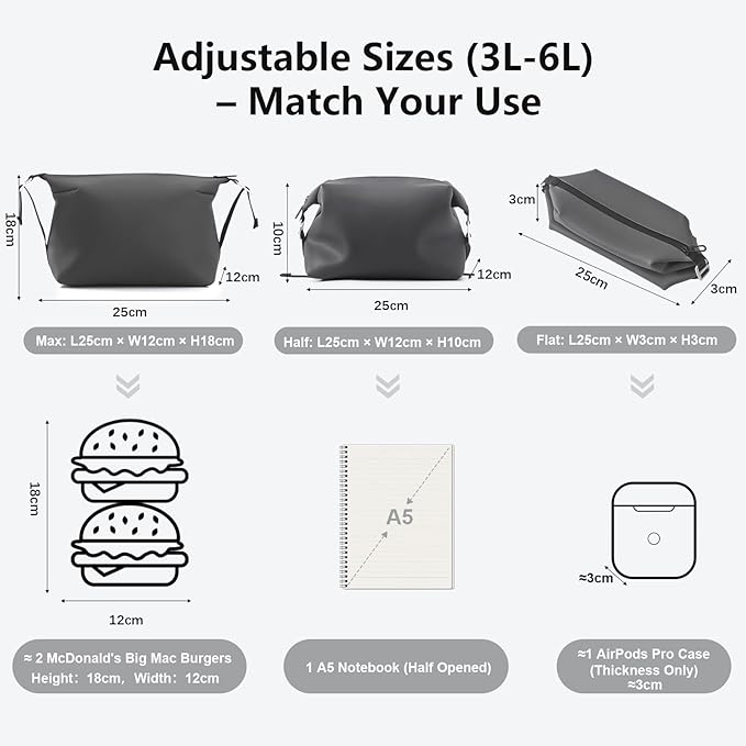 Vomgomfom 6L 13 Inch Silicone Toiletry Bag, Waterproof Leakproof Travel Cosmetic Organizer, Adjustable G-Buckle Compression Dopp Kit, Foldable Makeup Bag for Women & Men (Grey, 13" 6L)