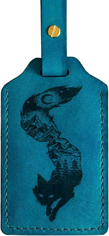 Mayan Corner - Handcrafted Leather Luggage Tag, Fox Design, Blue, ID Window, Brass Hardware, 4.3 x 2.7 inches