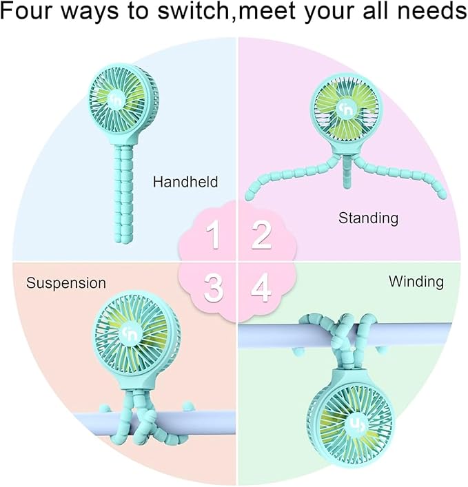 WiHoo Portable Stroller Fan, 11H Ultra-long Battery Life 3 Speed 360°Rotate, USB Rechargeable or Battery Operated Cooling Clip On Personal Fan for Baby Crib Travel Car Seat Blue