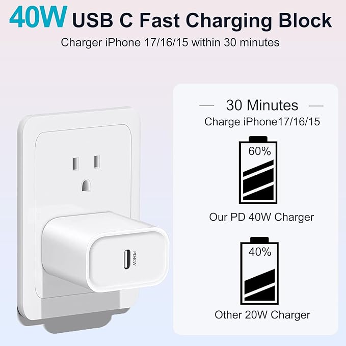 iPhone 17/16/15 Charger Fast Charging 3Pack 40W USB C Charger Fast Charging Block with 10FT USB C Cable for iPhone 17/17 Pro/17 Pro Max/17 Air/16/16 Plus/16 Pro/16e/16 Pro Max/15/15 Pro Max/iPad Pro