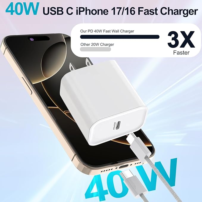 iPhone 17/16/15 Charger Fast Charging 3Pack 40W USB C Charger Fast Charging Block with 10FT USB C Cable for iPhone 17/17 Pro/17 Pro Max/17 Air/16/16 Plus/16 Pro/16e/16 Pro Max/15/15 Pro Max/iPad Pro