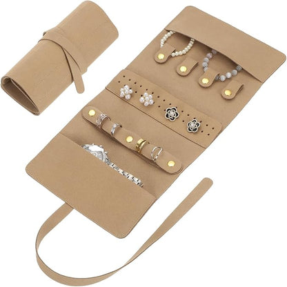 uxcell Travel Jewelry Bag Roll, Foldable Jewelry Travel Organizer with Tie Close Microfiber Jewelry Storage Roll Jewelry Case for Women Gift Necklaces Earrings Rings Bracelets, Khaki