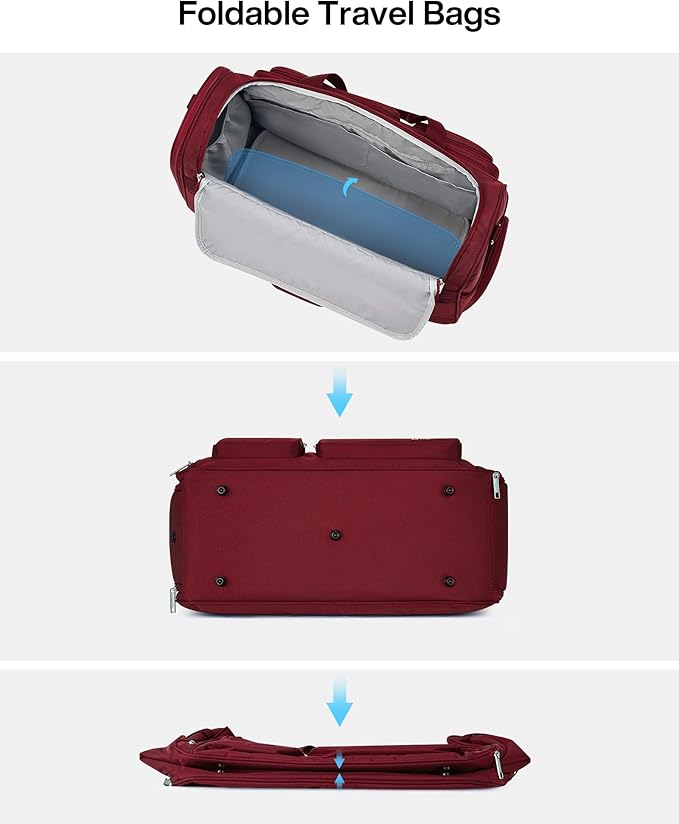 MILADA Carry On Luggage Bags for Travel Large Foldable Duffle Bag for Travel Lightweight Personal Bags for Airplanes Weekend Overnight Bags for Women Mens Travel Bag, Burgundy