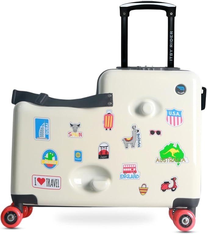 2025 Itsy Rider 20" Ride-on Suitcase for Kids with Double Spinner Red Wheels (Beige Traveler)