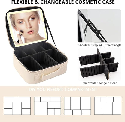 Travel Makeup Bag with LED Lighted Mirror, Travel Makeup Organizer,3 Color Setting Cosmetic Makeup Box, Adjustable Dividers and Brush Holder（white）