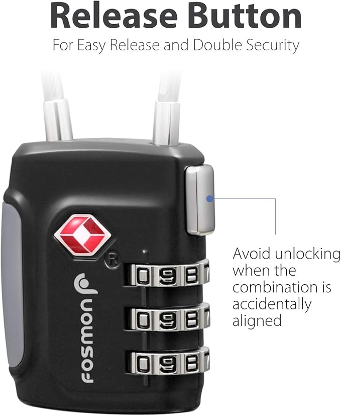 Fosmon TSA Approved Cable Locks for Luggage, Suitcase, Gun Case Lock with Push Release Button, 3 Digit Long Shackle Combination Wire Lock for Backpack