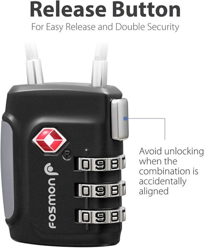 Fosmon TSA Approved Cable Locks for Luggage, Suitcase, Gun Case Lock with Push Release Button, 3 Digit Long Shackle Combination Wire Lock for Backpack