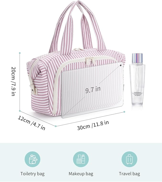 Narwey Travel Toiletry Bag, Wide-open Large Toiletry Bags for Traveling Women, Checkered Travel Bag for Toiletries Cosmetic Makeup Bag Organizer, Skincare Make Up Bag (Dusty Pink Stripe)