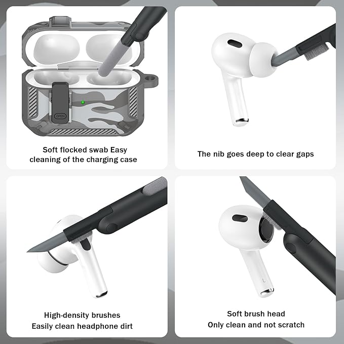 RFUNGUANGO for AirPods Pro 2nd Generation Case Cover with Cleaner Kit, Military Hard Shell Protective Armor with Lock for AirPod Gen 2 Charging Case2023, 2022, Front LED Visible,Grey Camou