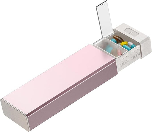 HEIYING 7 Days Pill Organizer with Aluminum Shell for One Week Capacity, Portable Metal Pill Case to Hold Vitamin, Medicine, Supplements