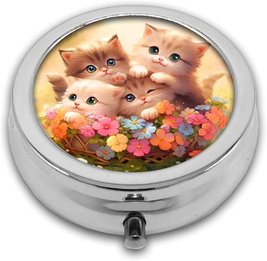 Pill Box,Cats Cat Round Pill Box 3 Compartment Decorative Pocket Purse Portable Mini Travel Medicine Tablet Vitamin Holder Organizer Pill Case
