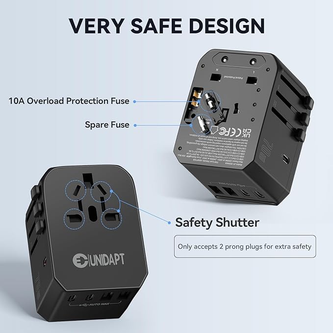 Unidapt Universal Travel Adapter, 70W International Plug Adapter with 3 USB-C PD Fast Charging & 2 USB-A Quick Charger Worldwide Adaptor for USA EU UK AUS Black (JY305-MAX)