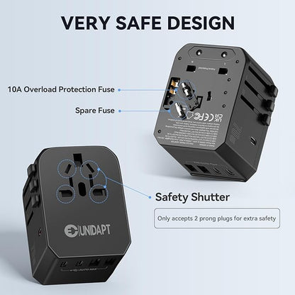 Unidapt Universal Travel Adapter, 70W International Plug Adapter with 3 USB-C PD Fast Charging & 2 USB-A Quick Charger Worldwide Adaptor for USA EU UK AUS Black (JY305-MAX)