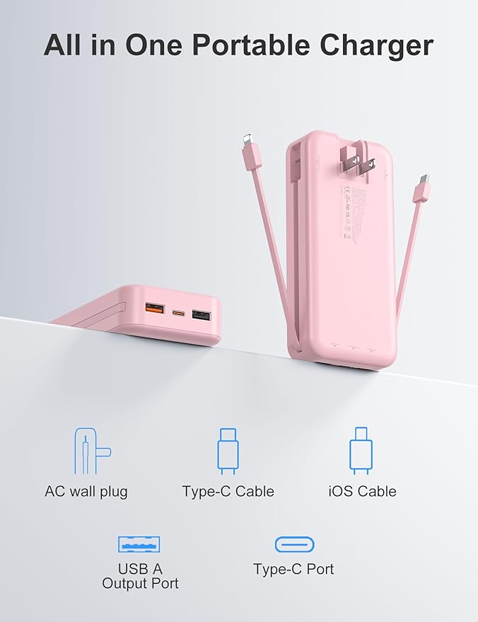 20000mAh Ultra-Portable-Charger-Power-Bank PD20W with Built in Cables&AC Wall Plug,Fast Charging Cell Phone Charger Battery Pack,LED Display Travel Battery Bank for All iPhone,Samsung,Android