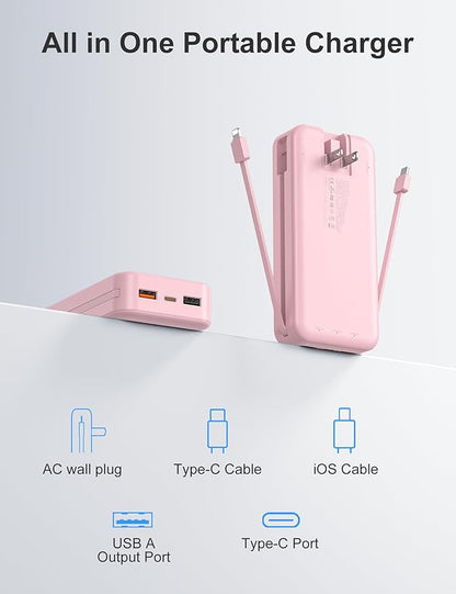 20000mAh Ultra-Portable-Charger-Power-Bank PD20W with Built in Cables&AC Wall Plug,Fast Charging Cell Phone Charger Battery Pack,LED Display Travel Battery Bank for All iPhone,Samsung,Android