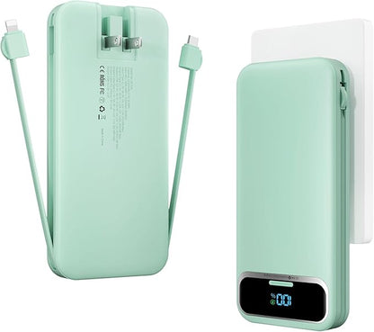 12000mAh Lightweight-Portable-Charger-Power-Bank with Built-in Cables and AC Wall Plug, PD20W USB-C Fast Charging Battery Pack, LED Display External Travel Phone Charger for All iPhone,Samsung,Android