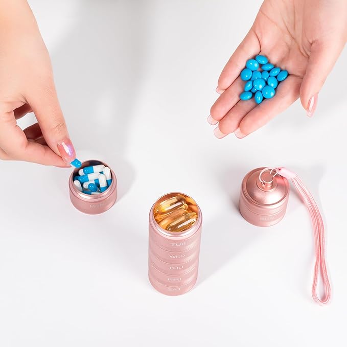 7 Day Travel Pill Organizer - Metal Waterproof Vitamin Case Pill Box, Daily Pill Container 7 Compartments, Weekly Pill Containers for Medicine Supplements Fish Oil