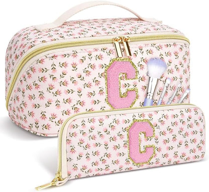 Personalized Travel Makeup Bag Set,Initial Travel Cute Floral Makeup Organizer Bag,Toiletry Skincare Cosmetic Bag,Christmas Gifts for Women/Girls,Open Flat Toiletry Pouch with Brush Pocket-C