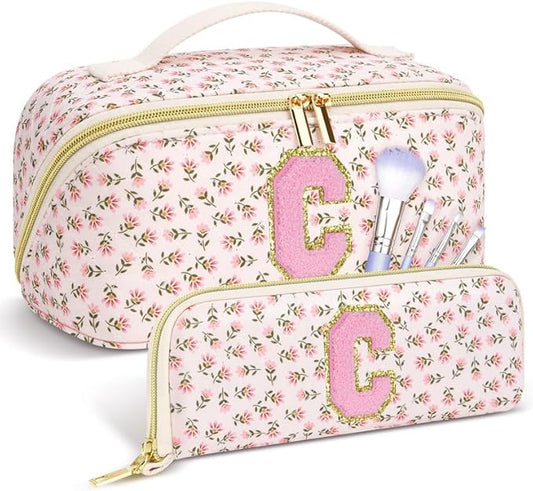 Personalized Travel Makeup Bag Set,Initial Travel Cute Floral Makeup Organizer Bag,Toiletry Skincare Cosmetic Bag,Christmas Gifts for Women/Girls,Open Flat Toiletry Pouch with Brush Pocket-C