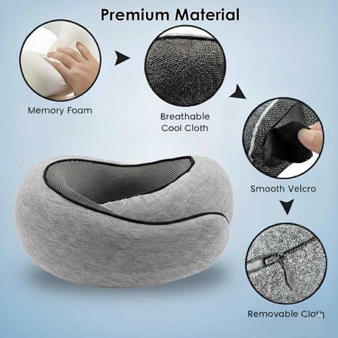 Neck Pillow Airplane 2025, Neck Pillow with 360° Ergonomic Support Design, 100% Pure Memory Foam Travel Pillow for Flight Headrest Sleep, Portable Plane Accessories, Light Grey