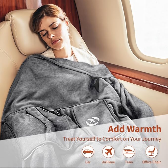 Tirrinia Soft Travel Blanket Pillow, 3-in-1 Foldable Airplane Throw Blanket, Long Flight Essentials, Car Pillow, Lightweight Travel Accessories