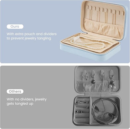Lolalet Travel Jewelry Case for Women Girls, Travel Jewelry Organizer Box with Mirror & Clear Storage Bag, Small Portable Earring Necklace Bracelet Ring Case, Birthday Christmas Gifts -Medium, Blue