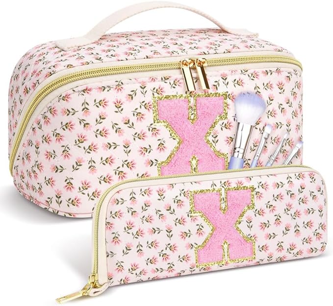 Personalized Travel Makeup Bag Set,Initial Travel Cute Floral Makeup Organizer Bag,Toiletry Skincare Cosmetic Bag,Christmas Gifts for Women/Girls,Open Flat Toiletry Pouch with Brush Pocket-X