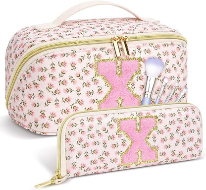 Personalized Travel Makeup Bag Set,Initial Travel Cute Floral Makeup Organizer Bag,Toiletry Skincare Cosmetic Bag,Christmas Gifts for Women/Girls,Open Flat Toiletry Pouch with Brush Pocket-X