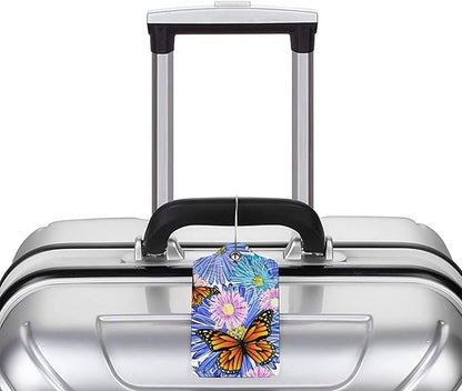 Set of 2 Artistic Flowers Luggage Tags with Butterfly Pattern, Pretty Suitcase Tag Privacy Name ID Card Pink Blue Floral Travel Bag Labels with Stainless Steel Loop for Women Girls Kids Adult