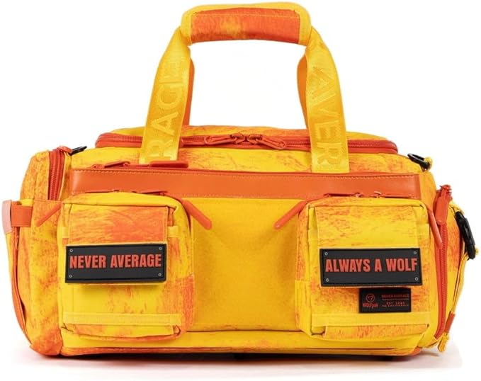 WOLFpak 20L Mini Duffle Bag for Gym & Travel | Waterproof Carry-On Weekender Bag with Shoe Compartment, Hard Bottom, and Tactical Molle System (Fire)