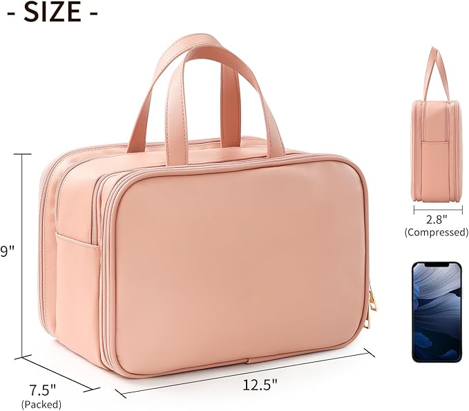 Large Travel Toiletry Bag with Makeup Brush Holder, 25 Pockets, Double Reinforced Handles & Luggage Sleeve, Waterproof PU Leather Cosmetic Organizer (Pink)