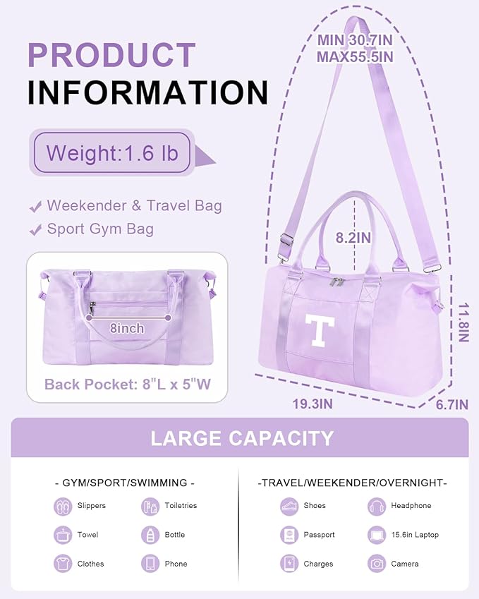 Daughter Niece Gifts for Teen Girl Kids, Initial Travel Duffel Bag Sports Gym Bag Personalized Gifts Weekender Bag，Monogram Overnight Bag Cute Dance Bag Birthday Bridesmaid Gifts for Women(Purple, T)