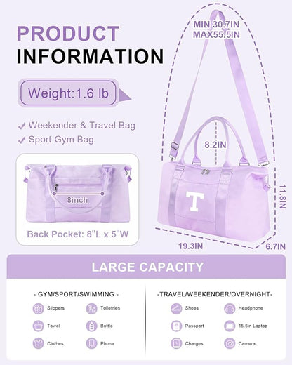 Daughter Niece Gifts for Teen Girl Kids, Initial Travel Duffel Bag Sports Gym Bag Personalized Gifts Weekender Bag，Monogram Overnight Bag Cute Dance Bag Birthday Bridesmaid Gifts for Women(Purple, T)