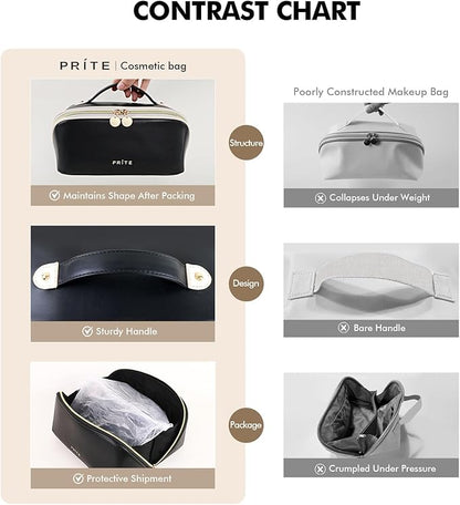 Prite Makeup Bag for Women Travel Waterproof Vegan Leather Cosmetic Bag Open Flat Toiletry Bag With Clear Divider and Handle (Large Black)