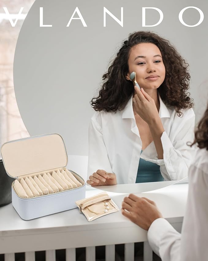 Vlando Travel Jewelry Case Organizer,Small Jewelry Box with 12 Velvet Jewelry Storage Pockets,Christmas Gift Ideas for Bride Friends Women Girls-Baby Blue