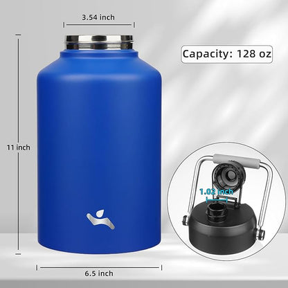 1 Gallon Jug with Handle,128 oz Insulated Water Bottle with Carrying Pouch, Double Wall Vacuum Stainless Steel Metal Bottle,Blue