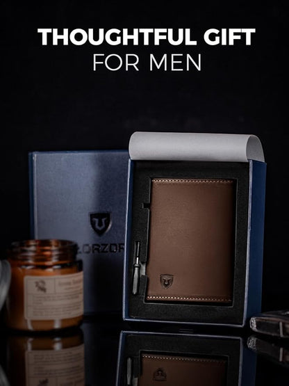 LORZOR Wallet for Men with Metal Card Holder, Pop Up Wallet, Finest Full Grain Leather Trifold Wallet, Smart, Minimalist, RFID Blocking, Front Pocket, ID Window, Brown/Grey