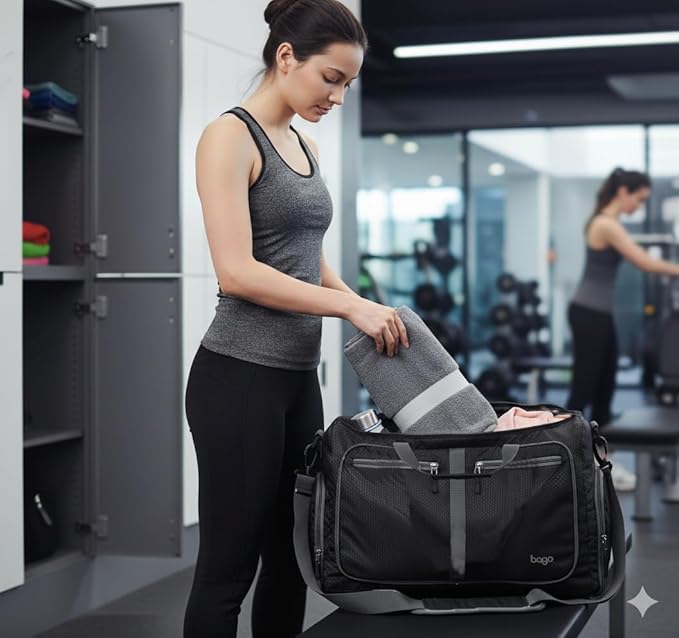 Bago Foldable Duffel Bags for Traveling Women & Men - 60L Medium Packable Duffle Bag for Travel with Shoe Compartment - Water Repellant, Heavy Duty, Lightweight Folding & Collapsible (All Black)