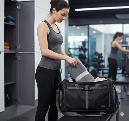 Bago Foldable Duffel Bags for Traveling Women & Men - 60L Medium Packable Duffle Bag for Travel with Shoe Compartment - Water Repellant, Heavy Duty, Lightweight Folding & Collapsible (All Black)