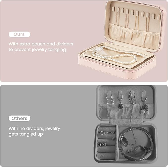 Lolalet Travel Jewelry Case for Women Girls, Travel Jewelry Organizer Box with Mirror & Clear Storage Bag, Small Portable Earring Necklace Bracelet Ring Case, Birthday Christmas Gifts -Medium, Pink