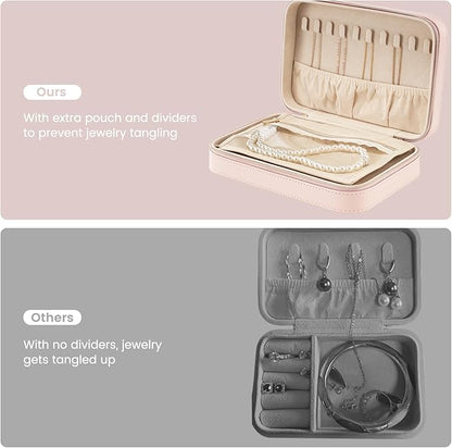 Lolalet Travel Jewelry Case for Women Girls, Travel Jewelry Organizer Box with Mirror & Clear Storage Bag, Small Portable Earring Necklace Bracelet Ring Case, Birthday Christmas Gifts -Medium, Pink