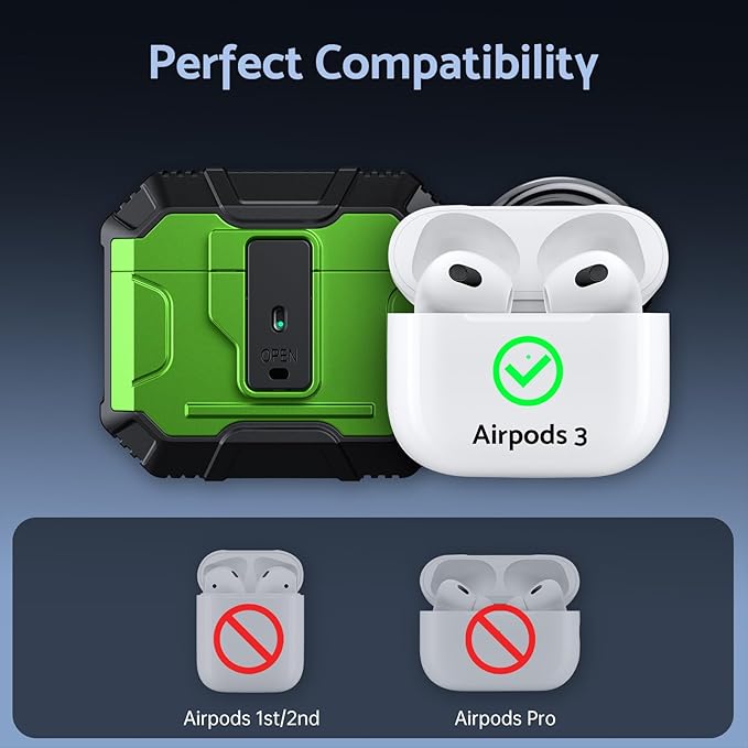 DASFOND Armor Cover Airpods 3 Generation Case, Military Grade Full Body Shockproof Protection Hard Case, Support Wireless Charging with Keychain, Magnetic Lid, Front LED Visible, Grass Green