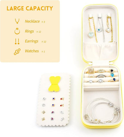 BONNY DODO Small Travel Jewelry Organizers Box for women with PU Leather Portable Mini Jewelry Case with compartments for Necklace Rings Earrings,Luxury Giftable boxes. (Yellow, M)