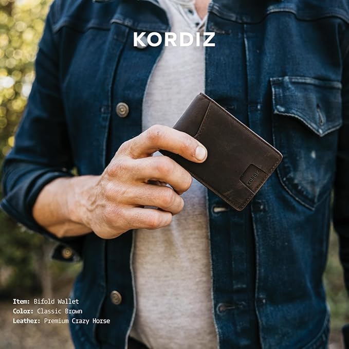 KORDIZ RFID Blocking Slim Bifold Wallet for Men – Premium Full-Grain Crazy Horse Leather Front Pocket Wallet with Money Clip, ID Window & Minimalist Design – Rustic Brown