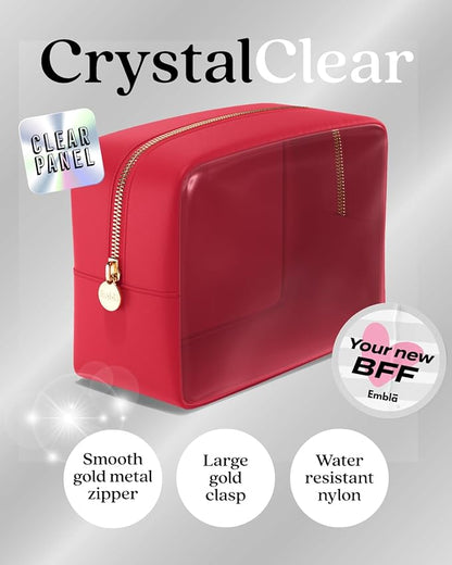 Clear Cosmetic Bags Set of 3, Mini Small Large Makeup Bags For Women Clear Pouch Cosmetics Cases Zipper Cute Pouches Make Up Travel Toiletry Essentials Preppy Purse Organizer Makeup Cases, Ruby