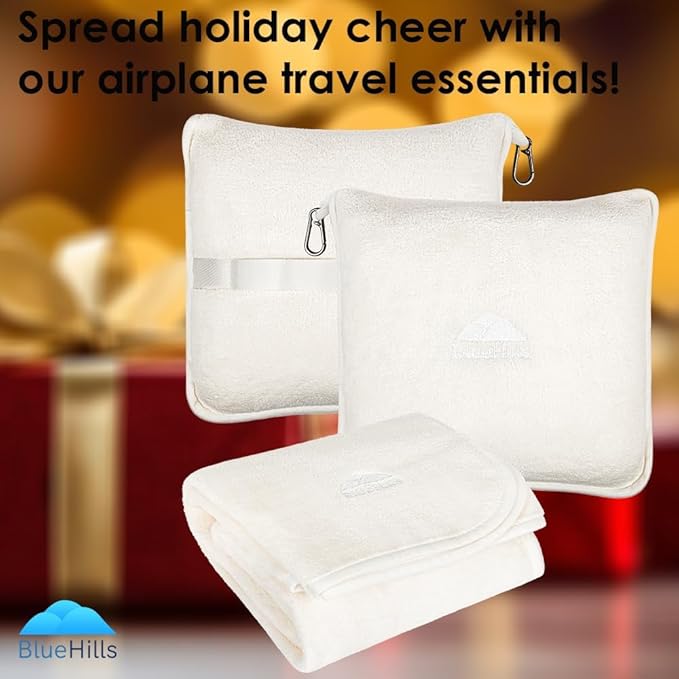 BlueHills Premium Soft Plush Travel Blanket Pillow for Airplane Traveling Essentials in a Bag Flight Throw with Backpack Clip Compact Portable Plane Accessories Ivory White - T025