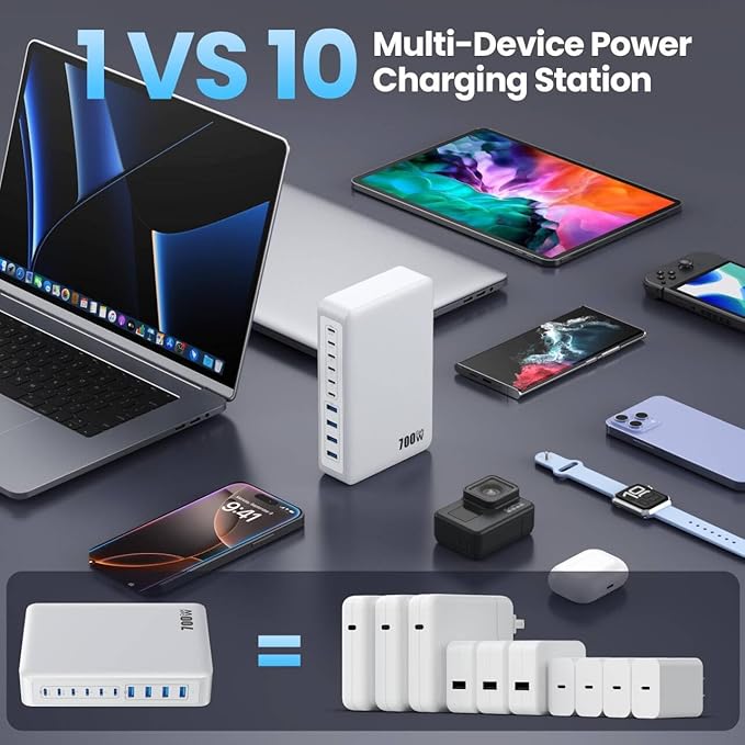 USB C Charger 700W USB C Charger Block,Upgraded GaN V 10-Port Fast Charging Station Hub,3X PD 100W Laptop Charging Adapter Compatible with MacBook Pro/Air,DELL,Steam Deck,iPhone 16/15/14,Galaxy S23