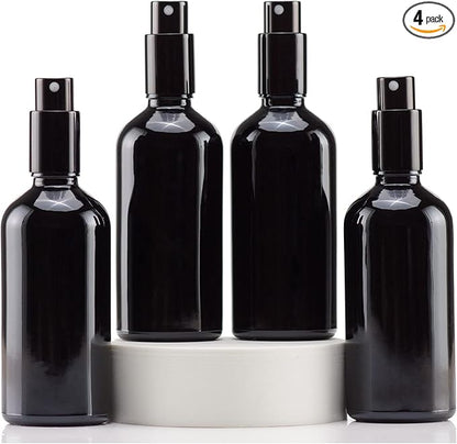 YIZHAO Black Glass Spray Bottles 4oz, with Small Fine Mist Spray, Metal Cap, Refillable for Essential Oil,Travel,Cleaning,Perfume,Aromatherapy,Makeup – 4 Pcs