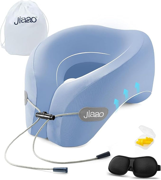 jiaao Neck Pillow Airplane, 2025 Upgraded Memory Foam Travel Pillow for International Flights, Adjustable Clasp, Storage Bag, Advanced Neck Support for Road Trips, Home, Office, and Gaming