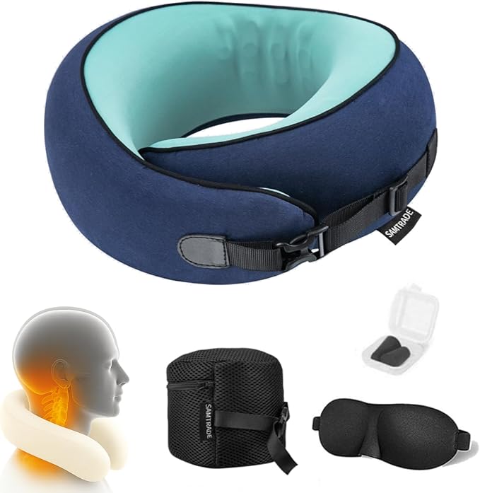 Neck Pillow Airplane –2025 Updated, 100% Memory Foam Travel Pillow for Sleeping, 360° Ergonomic Neck Support, Pain Relief for Long Flights, Portable Travel Accessory for Plane & Car (Navy Blue)